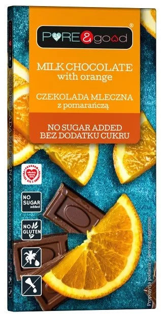 PURE & GOOD Czekolada bezglutenowa mleczna z pomarańczą bez dodatku cukru (75g)