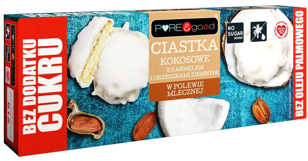 PURE & GOOD Ciastka kokosowe z karmelem i orzeszkami ziemnymi w polewie mlecznej bez dodatku cukru (128g)