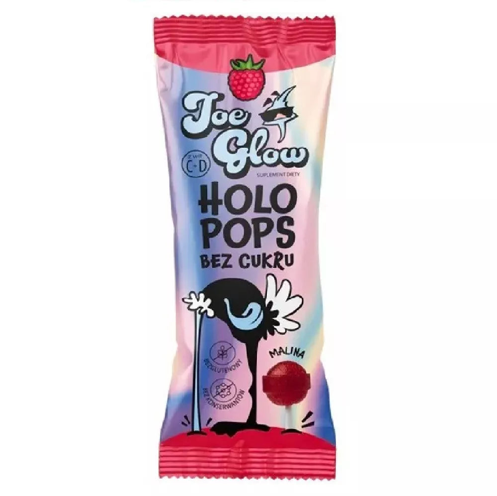 JOE GLOW Lizak HOLOPOPS kulka bez cukru o smaku malinowym z wit C i D 6 szt. (36g)