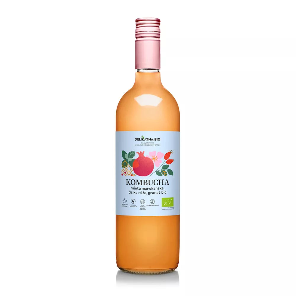 *DELIKATNA Kombucha mięta marokańska, dzika róża i granat (750 ml) - BIO