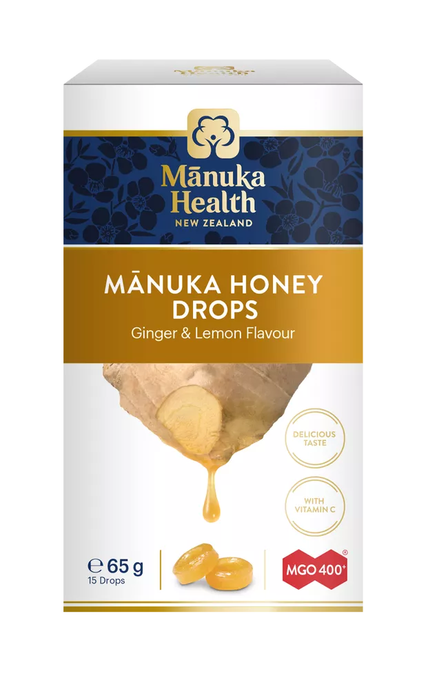 MANUKA HEALTH Cukierki z miodem manuka MGO® 400+ i witaminą C o smaku imbirowo-cytrynowym (65g)
