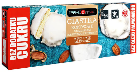 PURE & GOOD Ciastka kokosowe z karmelem i orzeszkami ziemnymi w polewie mlecznej bez dodatku cukru (128g)