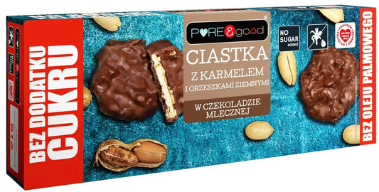 PURE & GOOD Ciastka z karmelem i z orzechami ziemnymi w czekoladzie mlecznej bez dodatku cukru (128g)