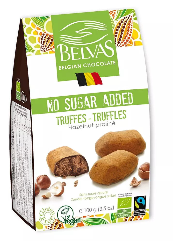 BELVAS Belgijskie czekoladki trufle z orzechami laskowymi bez dodatku cukrów, bezglutenowe (100 g) -  BIO