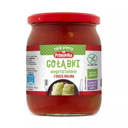 PRIMAVIKA Gołąbki wegetariańskie z kaszą jaglaną i pieczarkami w sosie pomidorowym (53%) bezglutenowe (480g)