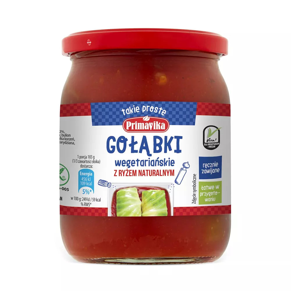 PRIMAVIKA Gołąbki wegetariańskie z kaszą jaglaną i pieczarkami w sosie pomidorowym (53%) bezglutenowe (480g)