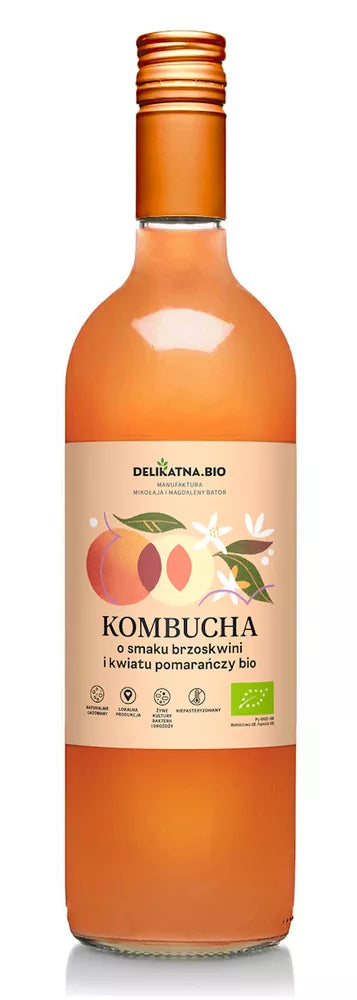 *DELIKATNA Kombucha o smaku brzoskwini i kwiatu pomarańczy (750ml) - BIO