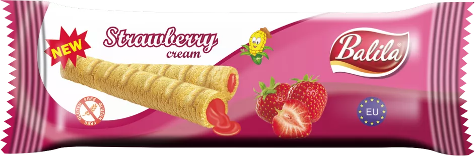 BALILA Rurki kukurydziane nadziewane kremem o smaku truskawkowym bezglutenowe (18 g)