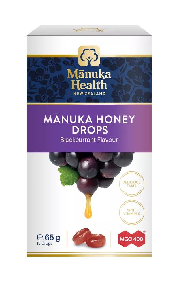 MANUKA HEALTH Cukierki z miodem manuka MGO® 400+ i witaminą C o smaku czarnej porzeczki (65g)
