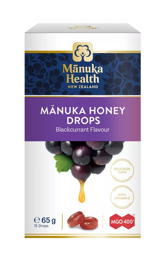MANUKA HEALTH Cukierki z miodem manuka MGO® 400+ i witaminą C o smaku czarnej porzeczki (65g)